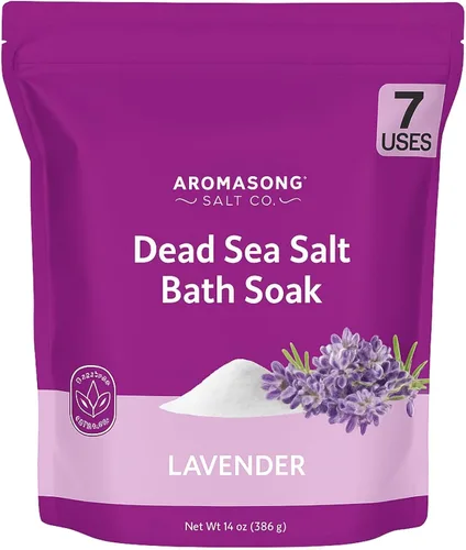 Aromasong Sal del Mar Muerto para remojar con aceite esencial de lavanda natural, 14 onzas, sal de baño de spa, grano fino, 7 usos por paquete, para