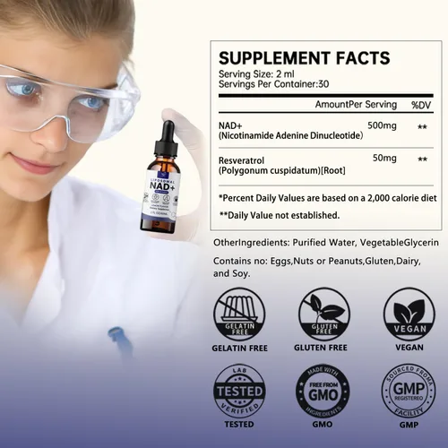 Miniatura 7 de Suplemento liposomal NAD para mujeres, suplemento líquido NAD con resveratrol, antioxidante natural, apoyo al metabolismo energético y salud