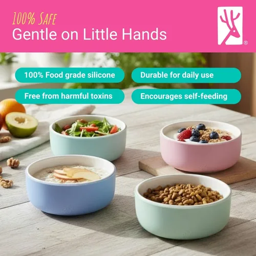 Miniatura 3 de Elk and Friends Cuencos de porcelana para niños con manga de silicona Alimentación para niños/niños pequeños/bebés Apto para microondas