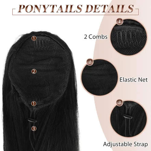 Miniatura 4 de FESHFEN Extensiones de cola de caballo rectas, colas de caballo largas con cordón, cola de caballo sintética con clip para mujer, color negro