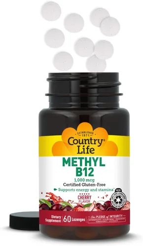Miniatura 8 de Country Life Metil B12, soporta energía y resistencia, 1000 mcg, 60 pastillas, certificado sin gluten, certificado vegano