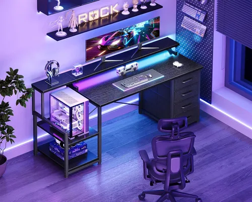 Miniatura 2 de ODK Escritorio para computadora de 55 pulgadas con 4 cajones, escritorio de oficina con luces LED y estantes de almacenamiento, mesa de estudio Negro