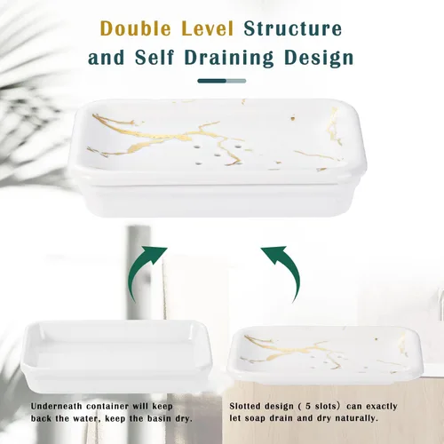 Miniatura 4 de Shinowa Jabonera de cerámica, soporte doble para jabón con drenaje, jabonera autodrenante de porcelana, soporte para jabón en barra para ducha