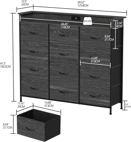 Miniatura 2 de Cómoda negra con luz LED, 12 cajones con estación de carga, cómoda para dormitorio con 12 cajones de tela para dormitorio, pasillo, entrada