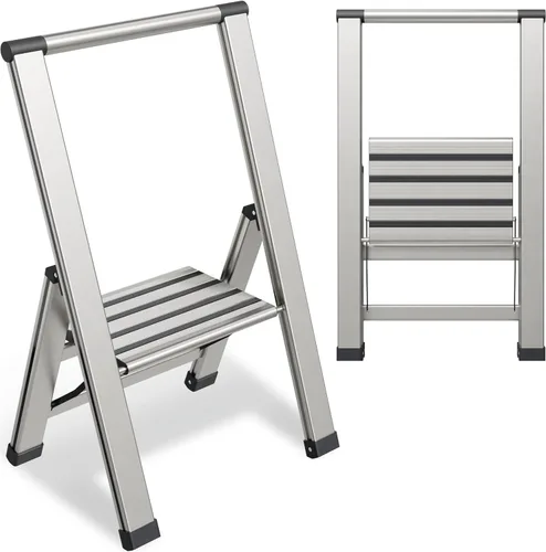 Escalera plegable de 1 escalón, decorativa, de aluminio moderno y hermoso, ligero, perfil ultra delgado, peldaños antideslizantes, resistente y