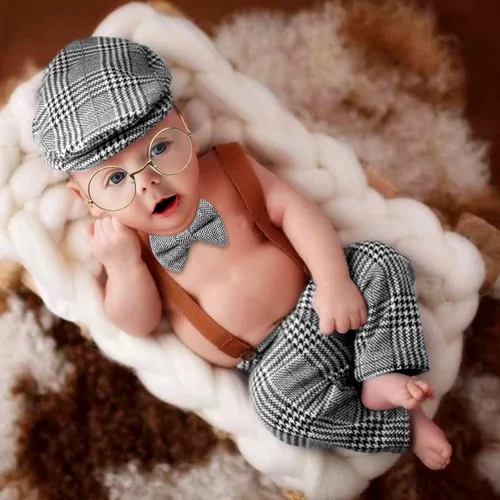 4 piezas de accesorios para fotos de bebé recién nacido, overol de celosía, pantalones con tirantes con boina, gafas de pajarita para disfraces de