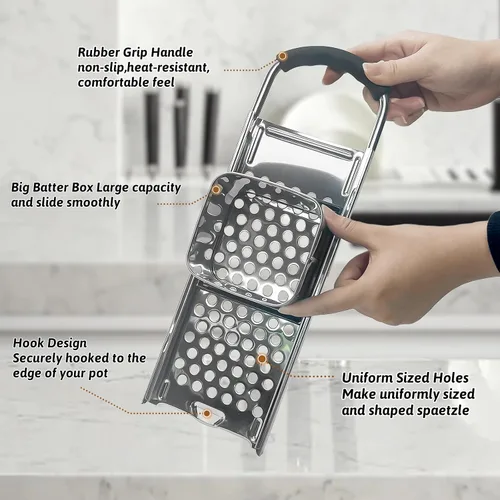 Miniatura 4 de Spaetzle Maker de acero inoxidable de alta calidad con mango de goma antideslizante, colador de araña, raspador de silicona y cepillo de plástico