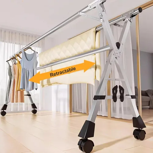 Miniatura 3 de Estante de secado de ropa de 63 pulgadas, plegable, de acero inoxidable con ruedas, estante de secado de lavandería que ahorra espacio para balcón