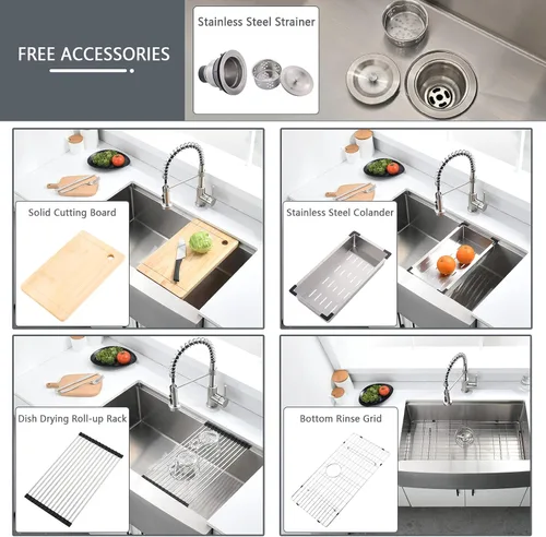 Miniatura 7 de Loftus - Fregadero de cocina de 33 pulgadas con delantal frontal, de acero inoxidable, calibre 16, repisa profunda para estación de trabajo