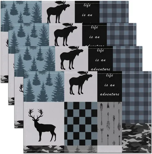 Miniatura 6 de Juego de 4 manteles individuales de 12 x 18 pulgadas para mesa de comedor, oso de ciervos y alce, impermeable, para decoración de fiestas, camuflaje