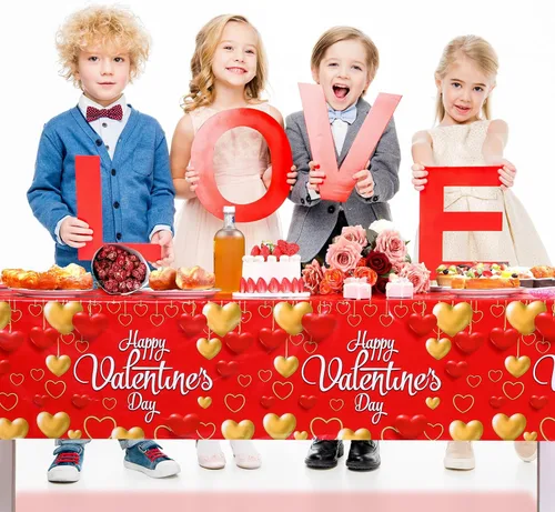 Miniatura 7 de WovWeave Mantel de plástico de 3 piezas de San Valentín, diseño de corazón rojo y dorado, para el Día de San Valentín, desechable, rectangular