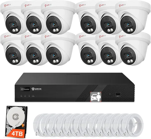 [Disuasión activa] Sistema de cámara de seguridad Anpviz de 16 canales 4K PoE con audio bidireccional, detección de vehículos humanos AI, 12 cámaras