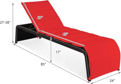 Miniatura 2 de DORTALA Tumbona para exteriores, silla reclinable de ratán ajustable de 5 posiciones con asiento acolchado y pies ajustables, muebles de sofá Rojo