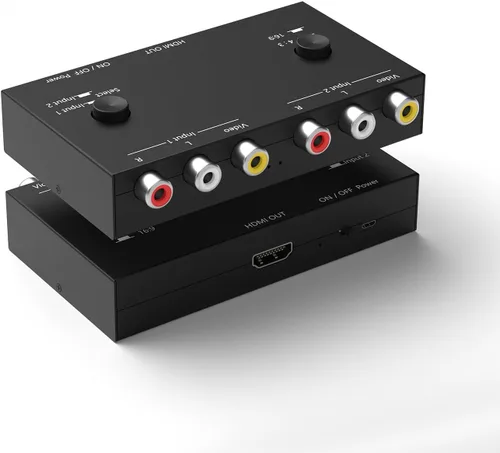 Dingsun Convertidor AV a HDMI de 2 puertos, adaptador RCA a HDMI compatible 16: 9/4:3 compatible con WII, N64, PS2, VHS, reproductores de DVD VCR,