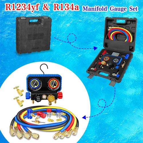 Miniatura 8 de Boltigen R1234yf Juego de calibradores de 4 vías para refrigerante R1234yf R134a, kit de medidor de CA automotriz con manguera, acopladores rápidos
