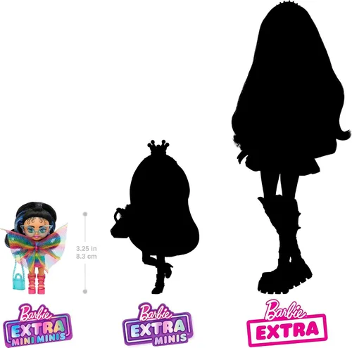 Miniatura 2 de Barbie Extra Mini Minis con coleta negra con mechas azules, usando vestido arcoíris y accesorios y soporte, 3.25 pulgadas