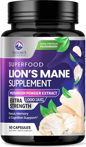 Cápsulas de suplemento de melena de leones, melena de león, 1000 mg por porción, hongo de melena de león extra fuerte, superalimento para memoria
