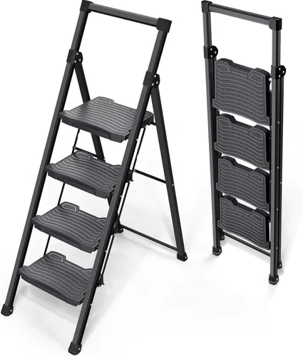 KINGRACK - Escalera plegable de 4 escalones, escalera de 4 pasos con pedal ancho antideslizante y pasamanos, escalera doméstica ligera, aprueba la