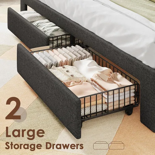 Miniatura 5 de Driftalia Base de cama de tamaño completo con cabecera de almacenamiento de 2 niveles, base de cama de tamaño completo tapizada con 2 cajones