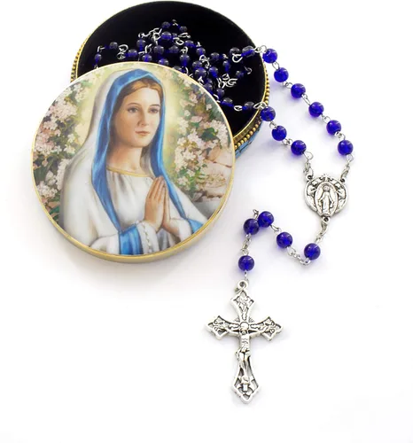 Juego de rosario religioso de la Virgen María que rezaba a la Virgen María incluye caja de joyería de la Virgen en Oración caja de lata y rosario de