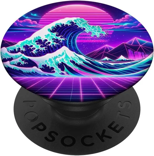 Miniatura 6 de Futuristic Cyberpunk Vaporwave Synthwave Great Wave Hokusai PopSockets MagSafe PopGrip for iPhone