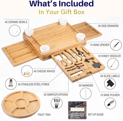 Miniatura 3 de Juego de tablas de charcutería – Tabla grande de queso de bambú y plato con accesorios de charcutería, regalos de inauguración de la casa