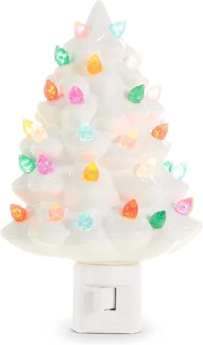 RAZ Imports Luz nocturna de árbol blanco vintage, 6 pulgadas de altura, cerámica y plástico, Navidad, decoración del hogar