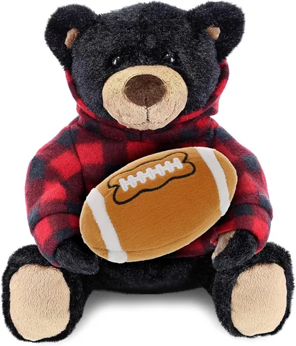 DolliBu Animal de peluche de oso negro con felpa de fútbol – Oso súper suave para abrazar con capucha a cuadros rojos, juguete de peluche regalo de