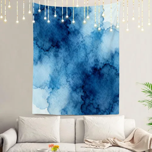 Miniatura 33 de Shrahala Tapiz de pared azul brillante, acuarela azul degradado para colgar en la pared, tapiz grande decorativo de fibra de poliéster, dobladillo