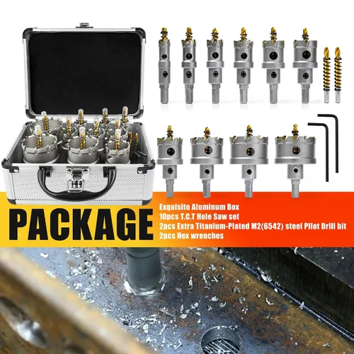 Miniatura 8 de ASNOMY Juego de 12 piezas de sierra perforadora TCT para metal duro, 5/8"-2-1/8" pulgadas con punta de carburo de tungsteno con broca piloto chapada