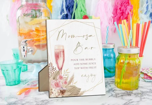 Miniatura 3 de Mom-osa Bar Baby Shower Letrero bohemio floral de género neutro con soporte, letrero de juego de madera para baby shower, cumpleaños, decoración