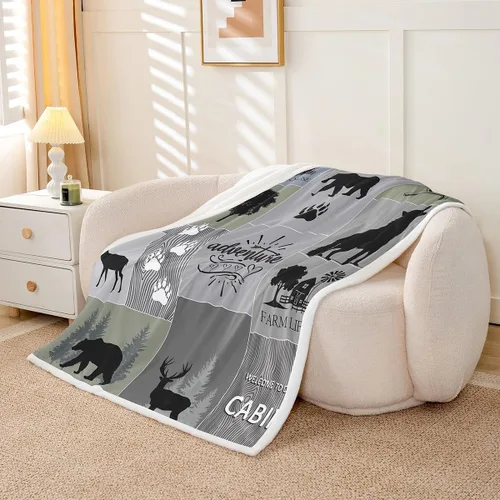 Miniatura 3 de Manfei Manta de aventura rústica para sofá, ciervo, oso, lobo, retazos, decoración de habitación de niños, manta de forro polar suave y transpirable