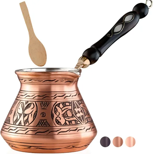 Miniatura 10 de BCS Cezve Briki Ibrik - Cafetera de cobre grande de 18 onzas con mango de madera (6 porciones), cafetera para estufa Cezve Briki Ibrik