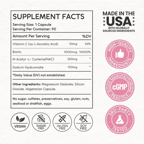 Miniatura 7 de Complejo de piel y belleza para mujeres, NAC 300 mg, vitamina C 30 mg y biotina 3000 mcg, aclaramiento de la piel, salud del cabello, piel y uñas