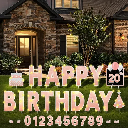 Miniatura 13 de Yerliker 16 piezas de carteles de feliz cumpleaños para patio con estacas, luces LED de 32.8 pies, 42 piezas de adhesivos numéricos, carteles