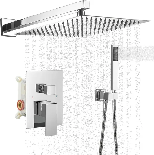 BWE Juego combinado de ducha de mezclador de lluvia de lujo de 12 pulgadas cuadradas para baño, montado en la pared, sistema de cabezal de ducha de