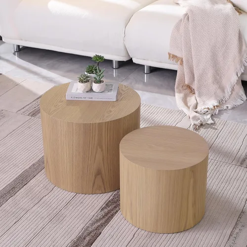 Miniatura 5 de Juego de 2 mesas auxiliares redondas, mesa auxiliar anidable y mesa auxiliar de madera con tambor circular pequeño para sala de estar, oficina, sin