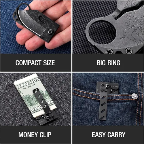 Miniatura 3 de Cuchillo de bolsillo Grand Way - 6 cm de hoja plegable afilada con clip para dinero - Cuchillo pequeño único con hoja de dragón grabada - Soporte