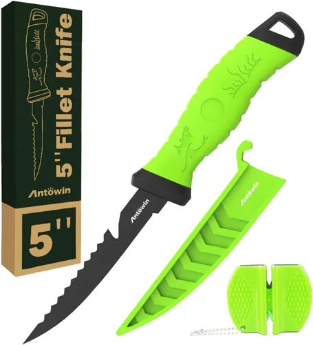 ANTOWIN Cuchillo de cebo de 5 pulgadas para peces, hoja alemana G4113 Pro de acero inoxidable, cuchillos de filete de pesca para agua salada con