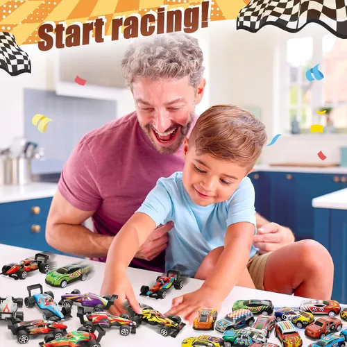 Miniatura 6 de SevenQ Coches de juguete para niños con caja de almacenamiento, 67 unidades de autos de carreras a granel, juguetes de caja del tesoro para el aula