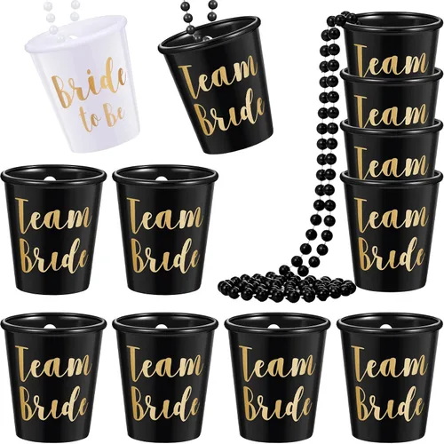 Maitys - 12 collares de vasos de chupito de despedida de soltera, 11 vasos de chupito de plástico para novia y 1 novia con lámina dorada, recuerdo