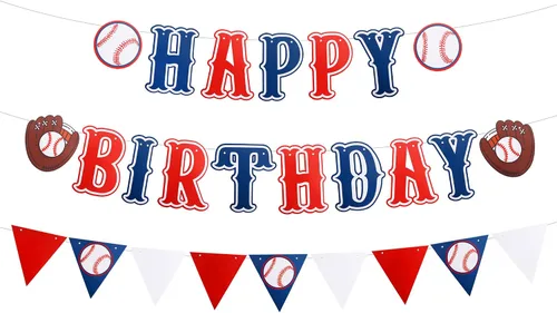 Miniatura 8 de Cartel de béisbol azul preencordado, 3 piezas, sin bricolaje, feliz cumpleaños, banderín triangular, decoración temática deportiva para baby shower