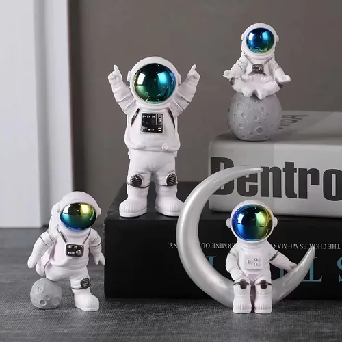 Miniatura 3 de Juego de 4 estatuas de astronauta blancas plateadas, esculturas de astronauta, figuras de astronauta, decoración temática espacial para habitación