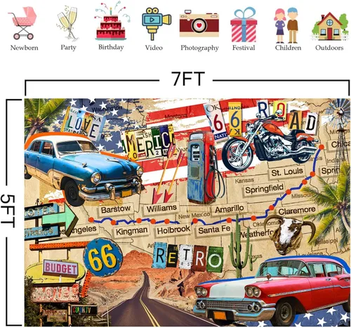 Miniatura 2 de HANYING Telón de fondo vintage de ruta 66, motocicleta clásica para automóvil, estación de servicio, mapa de ruta, fotografía, fondo retro, fiesta
