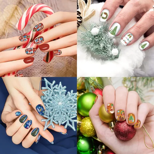 Miniatura 6 de 12 hojas de calcomanías de Navidad para uñas, tiras de esmalte de uñas, autoadhesivas, diseño de Papá Noel, árbol de Navidad, copo de nieve con 2