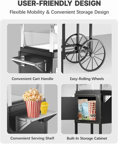 Miniatura 8 de Máquina de palomitas de maíz de 8 onzas con carro, máquina para hacer maíz con ruedas y hervidor de acero inoxidable que hace hasta 32 tazas, Negro