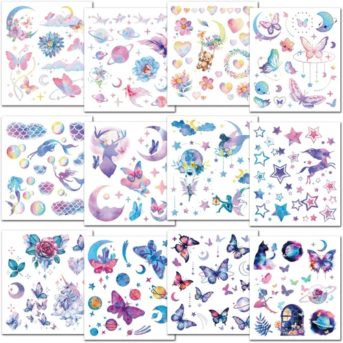 Miniatura 2 de CHARLENT 110 estilos de tatuajes temporales con purpurina para niñas y mujeres – 12 hojas de purpurina de ensueño mariposa luna hada sirena tatuajes