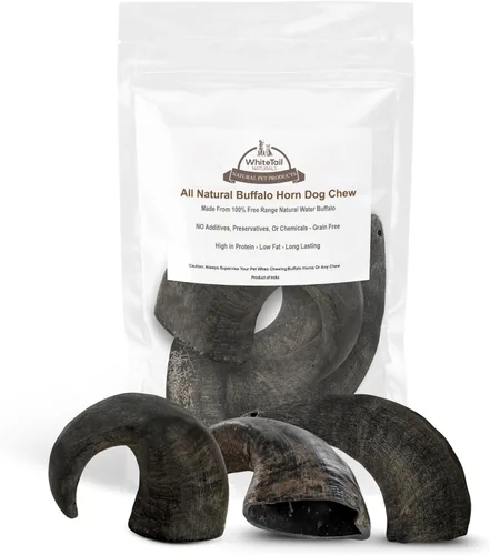 WhiteTail Naturals - Cuernos de búfalo de agua para perros (paquete mediano, 3 unidades) Hueso de perro totalmente natural - Hueso masticable de
