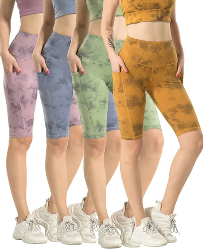 Miniatura 23 de WHOUARE Paquete de 4 pantalones cortos de yoga con bolsillos para mujer, cintura alta, atléticos, correr, entrenamiento, gimnasio, control de abdomen