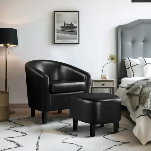 Miniatura 4 de Yaheetech Sillón moderno con reposapiés de piel sintética con reposapiés, silla de lectura con reposapiés, color negro